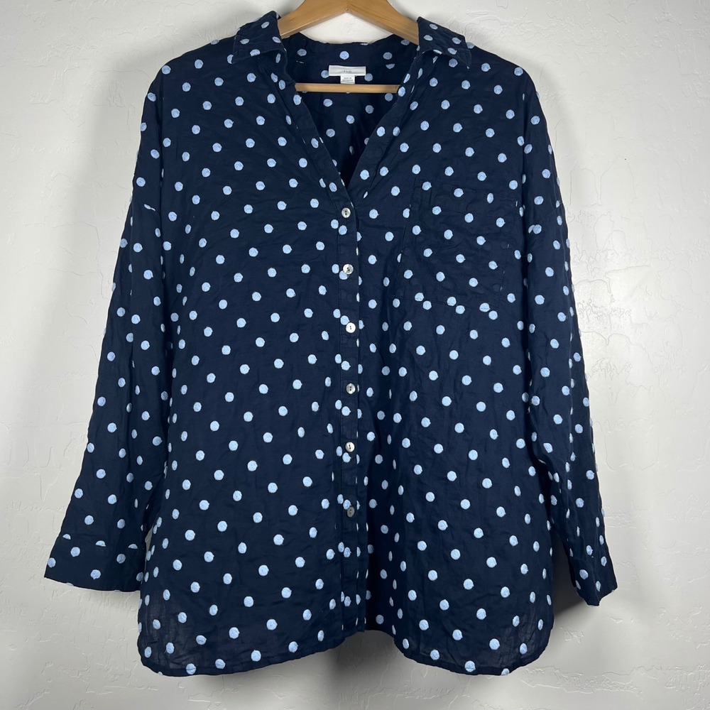 J. Jill Navy Blue Swiss Dot Embroidered Cotton Button Down Shirt XL Petite